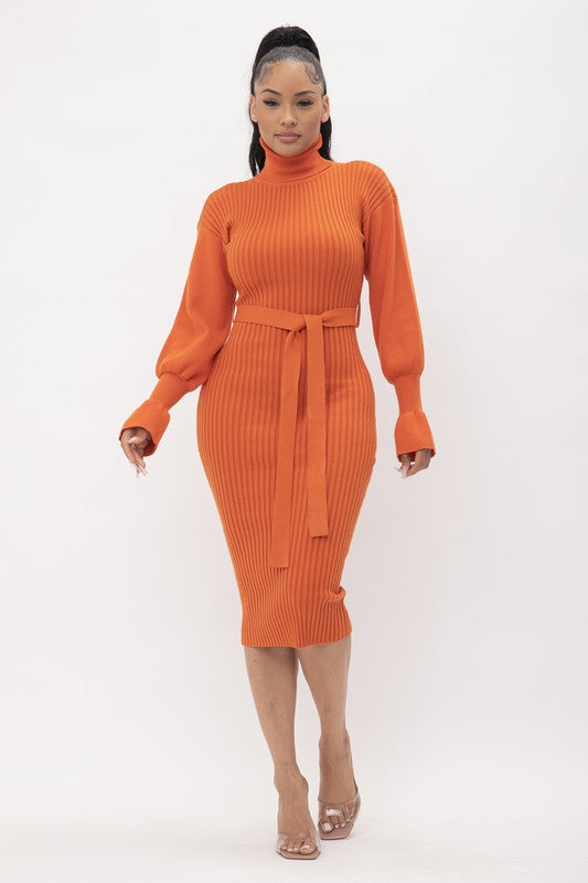 YELLOW & ORANGE TURTLENECK RIBBED DRESS