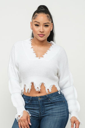 BUBBLY SLEEVE DISTRESS SWEATER TOP