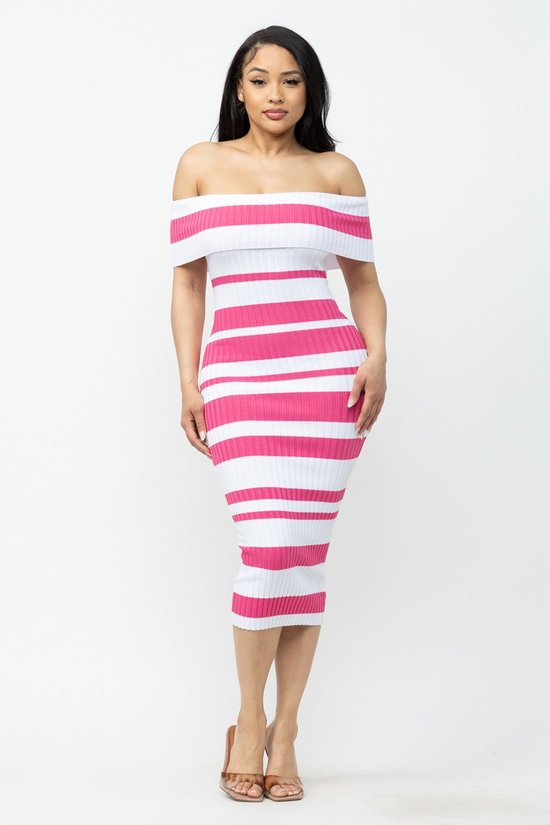 OFF SHOULDER STRIPED MIDI DRESS