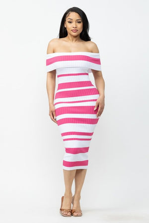 OFF SHOULDER STRIPED MIDI DRESS