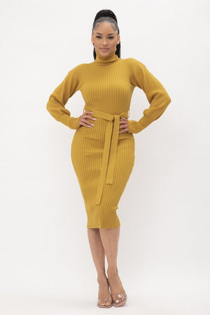 BALLOON SLEEVE RIBBED TURTLENECK MIDI DRESS