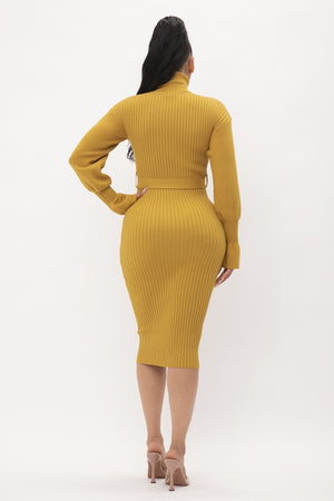 BALLOON SLEEVE RIBBED TURTLENECK MIDI DRESS