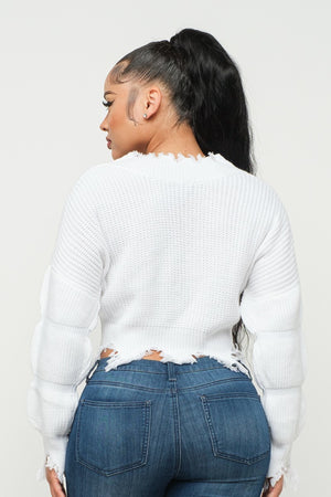 BUBBLY SLEEVE DISTRESS SWEATER TOP