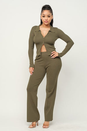 2 WAY ZIP TOP w/ WIDE LEG PANTS SET