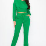 Green Elastic Crop Sweatshirt Top & Jogger Pants Set