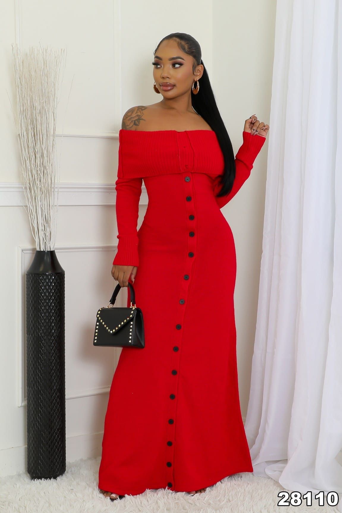 Red Off The SHoulder Button Maxi Dress