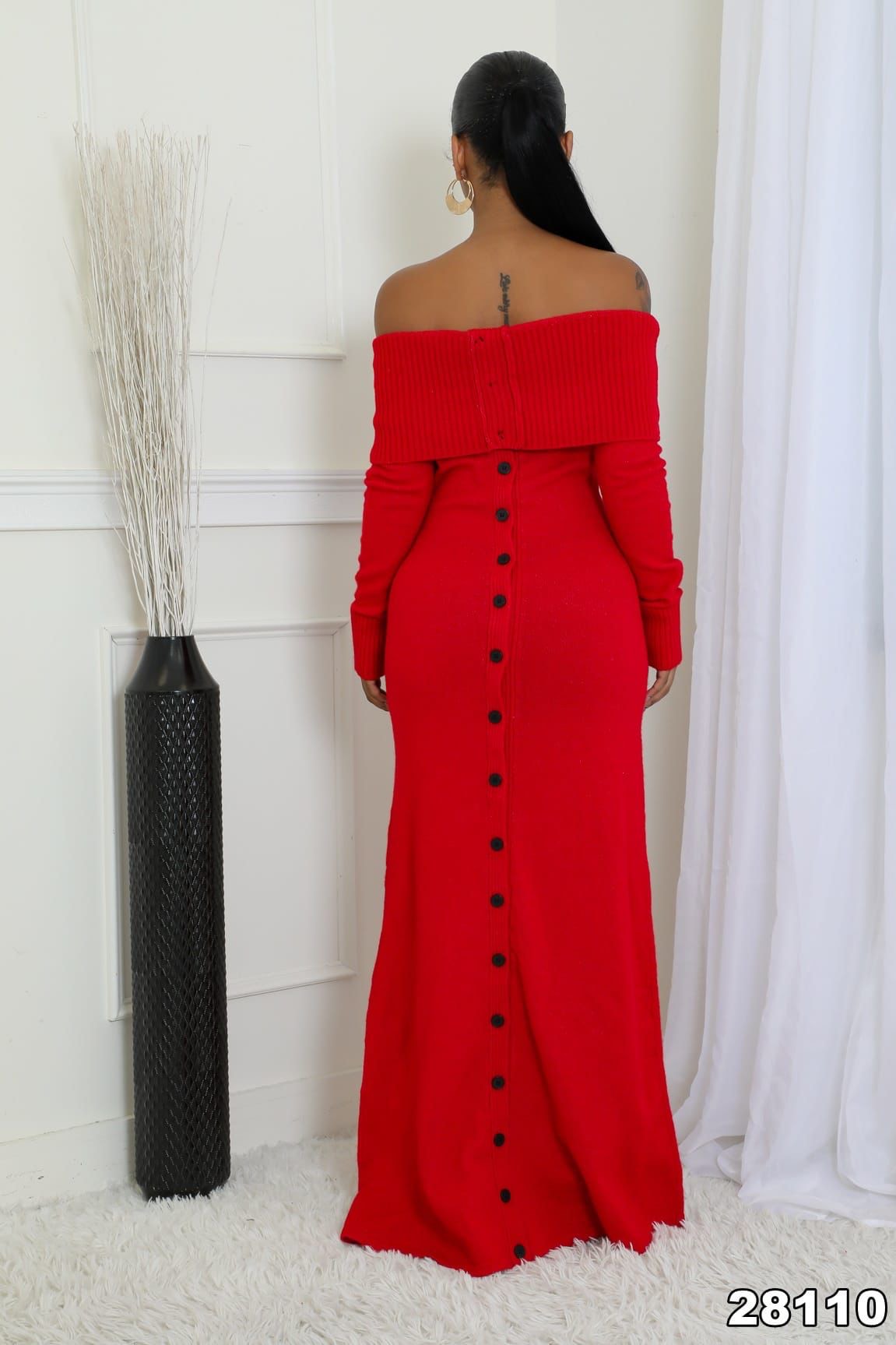 Red Off The SHoulder Button Maxi Dress