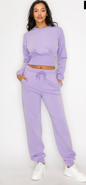 Lavender Fleece Elastic Drawstring Jogger Pants Set