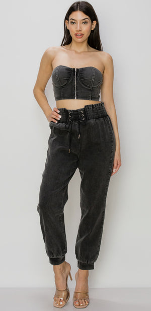 Black Corset Zippered Tube Top & Barrel Pants Set