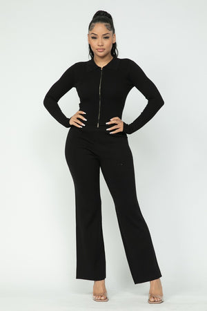 2 WAY ZIP TOP w/ WIDE LEG PANTS SET