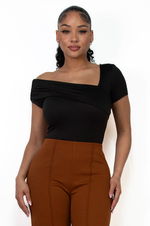 Black Asymmetrical Neckline Shirred Top