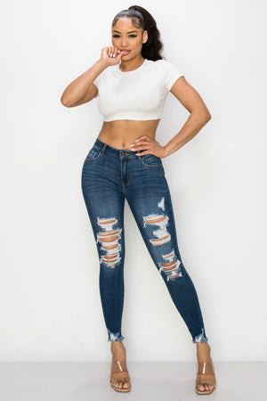 HIGH RISE DARK RIPPED JEANS