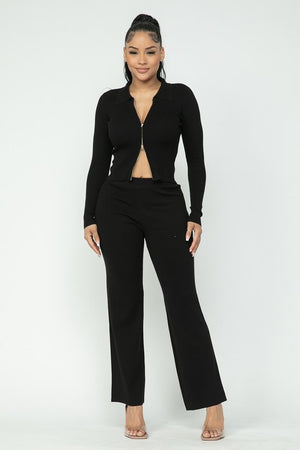 2 WAY ZIP TOP w/ WIDE LEG PANTS SET